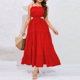 BACKLESS CINCHED WAIST RUFFLE BEACH DRESS_CWDMD6052