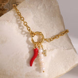18K GOLD STEEL PEARL RED CHILI CHARM BRACELET_CWAJE4891