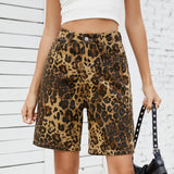 Washed Vintage Leopard Print Skinny Denim Shorts