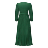 V Neck Long Sleeve Pleated Belted Midi Dress