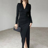 Stylish V-Neck Slim-Fit High-Waisted Slit Dress