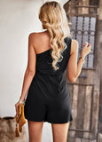 Solid Color One-Shoulder Romper Shorts