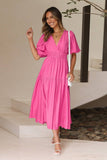 Solid Color Dark V Lantern Sleeve Dress