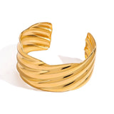 RETRO WAVE DESIGN 18K GOLD STEEL OPEN BANGLE_CWAJE4892