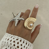 NEW BEACH IMITATION PEARL ADJUSTABLE ALLOY RING_CWMM3237
