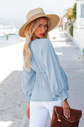 V Neck Lace Up Casual Loose Fitting Shirt_Cwtstl0644