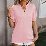 Solid Color V Neck Ear Of Wheat Short Sleeved Top_Cwtts0898