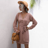 V-Neck Mid-Length Long-Sleeved Knit Dress