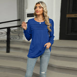 Solid Color U-Neck Pleated Long Sleeve Top
