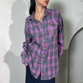 Vintage Look With Lapel Baggy Plaid Shirt