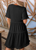 V-Neck Short-Sleeved Black Eared Pocket Dress