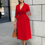 DOUBLE BREASTED SUIT COLLAR SOLID COLOR DRESS_CWDMD3660