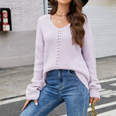 V-Neck Casual Pullover Loose Solid Color Knit Sweater