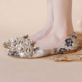 FAUX PEARL FLORAL PRINT DECOR FLAT SHOES FOR WOMAN_CWSHF0008