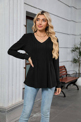 Solid-Color V-Neck Striped Long-Sleeved T-Shirt_Cwtbll4068