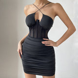 Spliced Solid Color Cross Strap Fishbone Dress