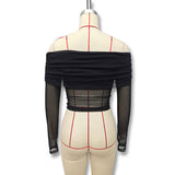 Solid Color Fit Line Neck Gauze Long Sleeve Top