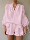 Cotton Linen V-Neck Lantern Sleeve Shorts Suit