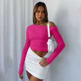 Solid-Color Off-The-Shoulder Pleated Top T-Shirt