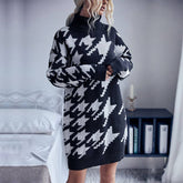 Turtleneck Long-Sleeved Plaid Sweater Dress