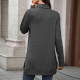 Solid-Color High-Neck Long-Sleeved Slit T-Shirt