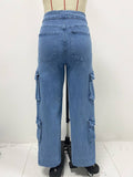 Washed Cargo Multi-Pocket Wide-Leg Lace-Up Jeans