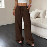 Solid-Color Textured Drawstring Wide-Leg Pants