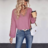 V-Neck Womens Lace Stitching T-Shirt Long Sleeve