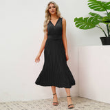 V-Neck Pleated Belted Bodycon Midi Dress
