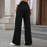 Solid Color Stretch Waist Loose Straight Pants
