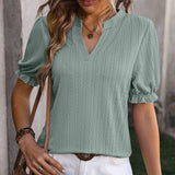 Solid Color V Neck Ear Of Wheat Short Sleeved Top_Cwtts0898