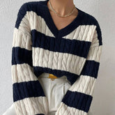 Pullover V-Neck Twist Striped Color Sweater