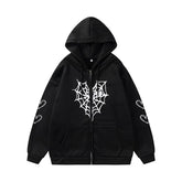 Spider Web Heart Zipper Fleece Hooded Cardigan