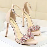 Women Suede Pearl Rhinestone High Heels
