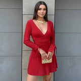 Solid Color Deep V Drawstring Pleated Dress