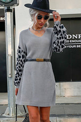 Women Color Matching Leopard V Neck Sweater Dress_Cwdsd1960