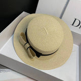 FEDORA STRAW HAT SIMPLE BOW FLAT TOP ELEGANT WOMEN_CWAH1155