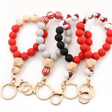 CHRISTMAS WOOD BEAD BRACELET WITH SILICONE KEYCHAIN_CWMM7014