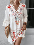 V-Neck Lace Patchwork Complete With Printed Dress
