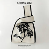 Black And White Rose Knitted Shoulder Tote Bag_Cwab1518
