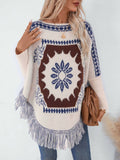 Womens Loose Long-Sleeved Knitted Tassel Cape