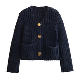 Solid Color Single Row Round Button Knit Cardigan