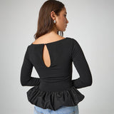 Solid Color Crew Neck Patchwork Long Sleeve Top