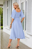 V-Neck Bow Pleated Mid-Length Short-Sleeved Dress