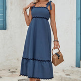 Square Neckline A-Line Suspender Long Dress