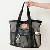 BLACK TRANSPARENT MESH HOLLOW BEACH BAG TOTE BAG_CWAB1922
