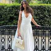 Solid Deep V Halter Cutout Flare Dress