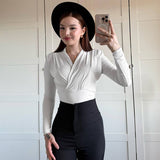 Solid Color Cross V-Neck Pleated Waist T-Shirt