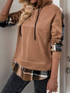 Cwohol0906_Long-Sleeved Plaid Colorblock Hooded Sweatshirt