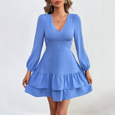 V-Neck Backless Lace Long-Sleeved Dress With Ruffles